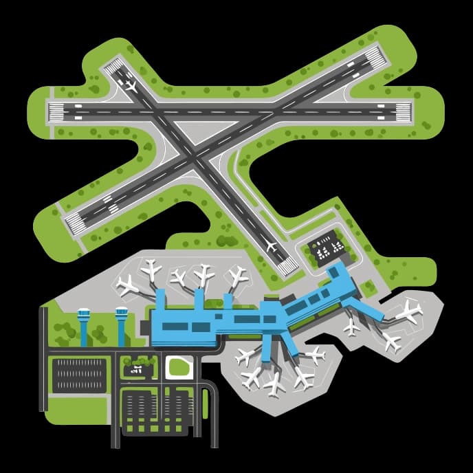 Illustration of an airport seen from above, with runways, a terminal and parked planes